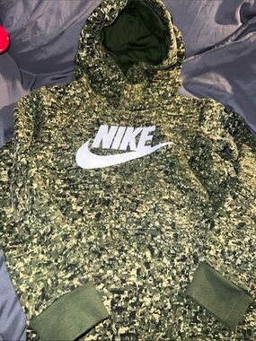 Kids Nike Green Pixel Camo Hoodie with White Logo